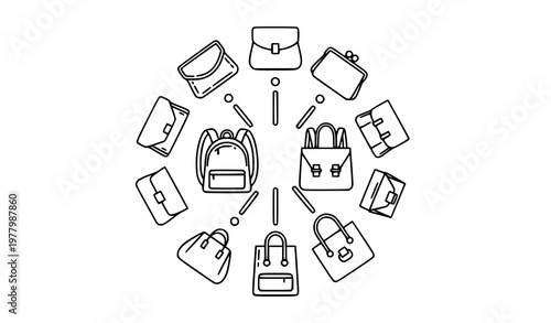 Editable stroke fashion bag icon collection vector with handbag backpack clutch pictogram circular layout