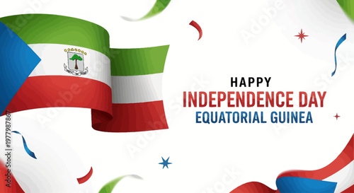 Happy Independence Day Equatorial Guinea with waving flag and confetti