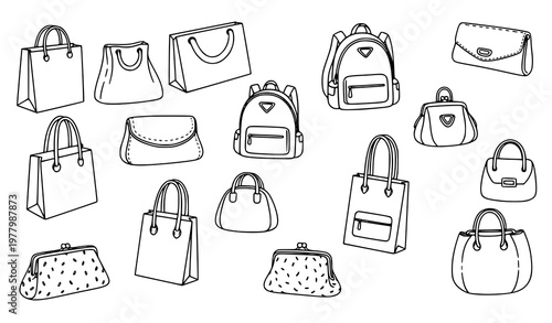 Doodle fashion bag icon set vector with handbag backpack clutch editable stroke sketch pictogram collection