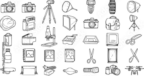 Photography Equipment and Accessories - Black and White Line Art Icons