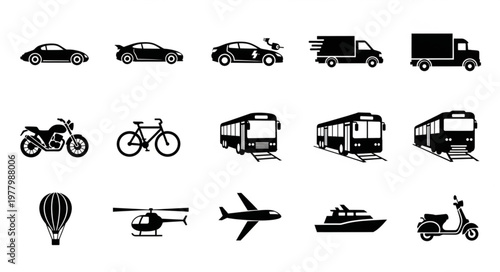 Collection of diverse transportation vehicle icons in silhouette.