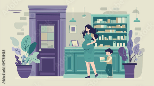 Woman at store counter assisting customer.