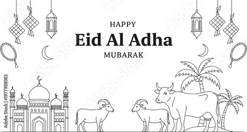 Eid Al Adha greeting card features line art illustrations of a mosque, farm animals, and traditional hanging lanterns.