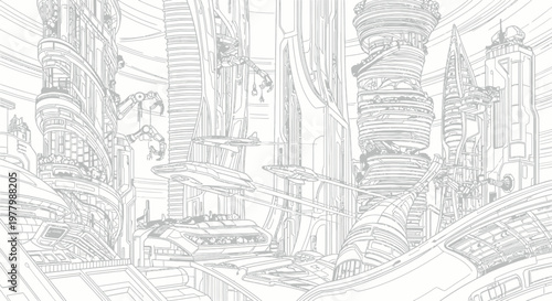 Futuristic Sci-Fi City Line Art Illustration. Detailed urban landscape with modern architecture, advanced buildings and intricate structures.