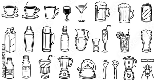 Food and Drink Black and White Line Art Set: Hand-drawn Icons of Beverages, Cups, Bottles, Kitchen Appliances, and Bar Tools for Cafe and Home.