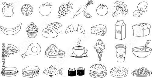 Food Line Art Icons Set - Hand-drawn Black and White Doodle Collection of Fruits, Vegetables, Meat, Dairy, Baked Goods, Desserts, and Beverages