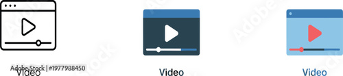 Video player icon set with thin line and flat colorful interface styles