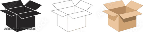Open cardboard box set in black silhouette thin outline and flat styles
