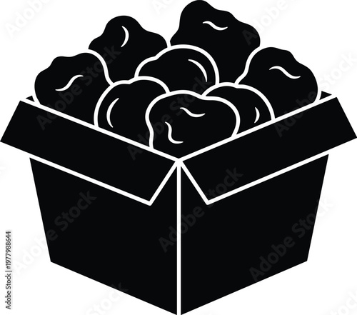 Black icon of fried chicken pieces in a takeaway box, silhouette.