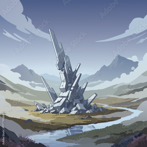 Futuristic Metallic Structure in Desert Landscape.