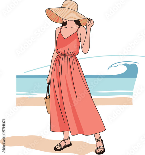 Woman in long orange dress and wide brim hat at beach with ocean waves.