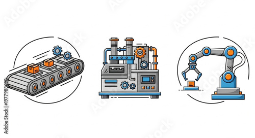Industrial automation equipment including conveyor belt robotic arm and factory machine.