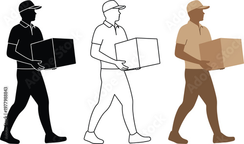 Delivery man carrying cardboard box set in silhouette outline and flat styles