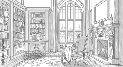 Detailed line art illustration of an elegant vintage library interior with bookshelves, a fireplace, and a cozy armchair by a grand window