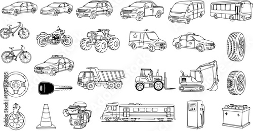 Automotive Transportation Vehicles Line Art Doodles Set. Black and White Sketch Collection of Cars, Trucks, Buses, Motorcycles, Construction Machines, and Accessories.