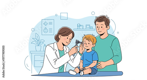 Doctor, examining, young, child, with, parent, in, clinic, medical, checkup, cartoon, vector