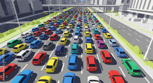 Heavy traffic jam on a multi lane highway with colorful cars.