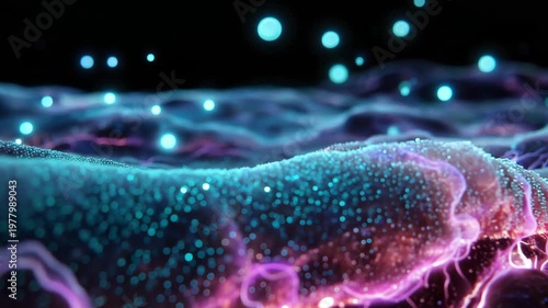 Futuristic glowing neural landscape with bioluminescent energy waves sci-fi terrain neon purple and cyan particles ultra detailed view