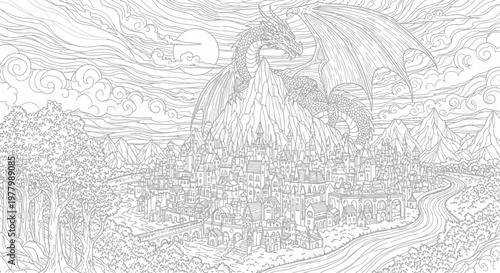 Epic fantasy landscape line art with a majestic dragon protecting a mythical mountain city, intricate detailed illustration for coloring.