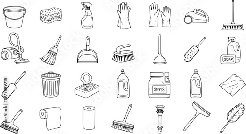 Household Cleaning Tools and Supplies Doodle Line Art Icon Set. Hand-drawn Black and White Collection for Home Hygiene, Spring Cleaning, and Domestic Chores.