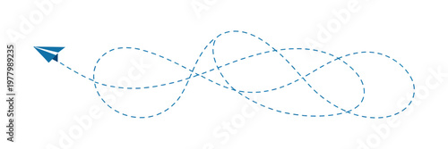 Paper plane blue dotted path, flying paper airplane vector illustration isolated on white background, EPS 10 clean minimal design.