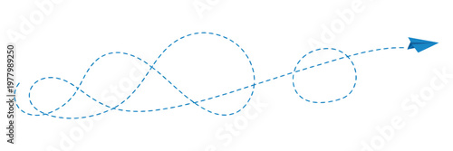Paper plane blue dotted path, flying paper airplane vector illustration isolated on white background, EPS 10 clean minimal design.