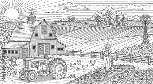 Vintage Farm Scene Line Art Illustration for Coloring Book, Rural Landscape with Barn, Farmer, Tractor, and Windmill
