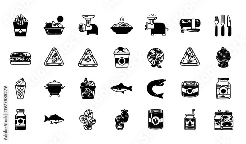Modern food stroke icon set vector with fast food healthy eating cooking and safety symbols