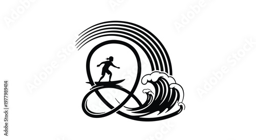 Dynamic surfer rides a stylized wave, symbolizing freedom and the thrill of the ocean.