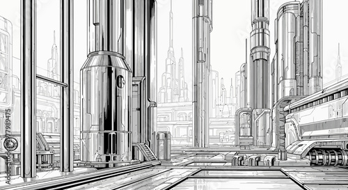Detailed monochrome illustration of a futuristic metropolis, showcasing towering metallic architecture, complex piping, and advanced urban design
