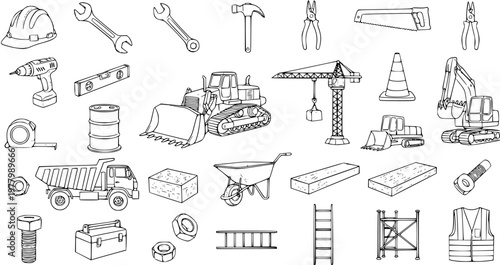 Construction Tools and Equipment Black  White Line Art Set: Hand-Drawn Sketch Collection of Building Machinery, Gear, and Safety Icons