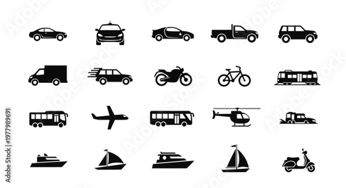 Collection of Various Transportation Vehicle Icons Silhouettes.