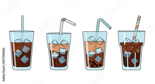 Illustration of four glasses of iced coffee drinks with straws on a plain background
