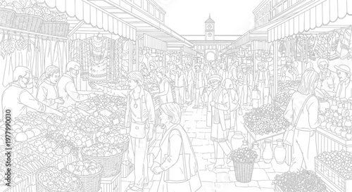 Detailed line art illustration of a bustling outdoor street market with people and produce stalls, perfect for coloring book page.