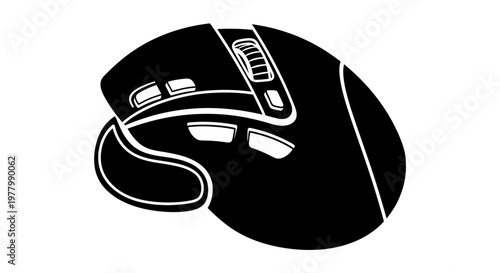 A sleek black gaming mouse icon with ergonomic design and upscaled details.