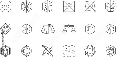 3D Geometric Shapes and Architectural Modeling Line Icon Set