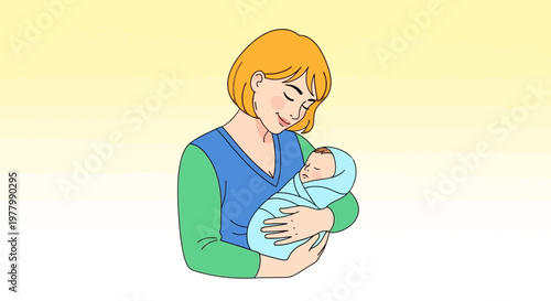 Mother holding newborn baby, breastfeeding illustration, parenting vector, baby care, love and nurture