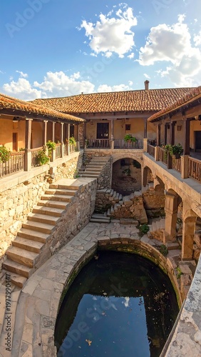 A serene courtyard with a pond and ancient architecture under a blue sky