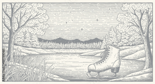 Vintage style illustration of an ice skate on a frozen lake in a serene winter forest landscape with mountains and bare trees at night.