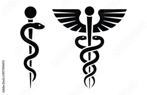 Caduceus medical symbol, winged staff with two serpents healthcare vector