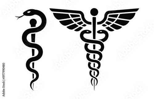 Caduceus medical symbol, winged staff with two serpents healthcare vector