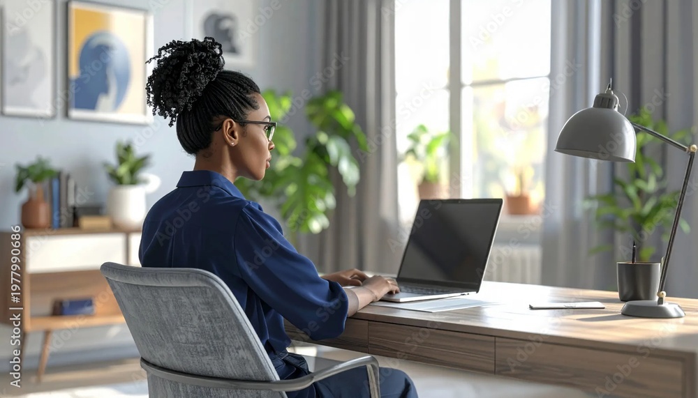 Fototapeta premium Focused young woman working on laptop at home office desk.