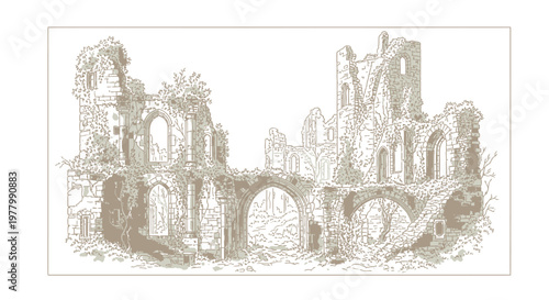Vintage Engraving of Ancient Overgrown Castle Ruins - Historical Architectural Remnants with Arches and Stone Walls