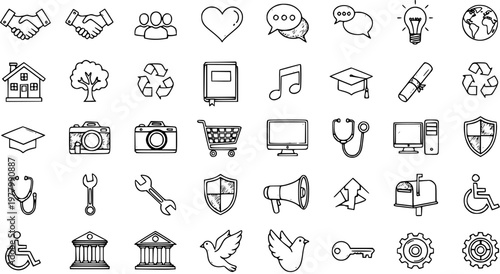 Multipurpose Hand Drawn Doodle Line Art Icons Set - Black and White Universal Symbols for Business, Education, Technology, Health, and Communication