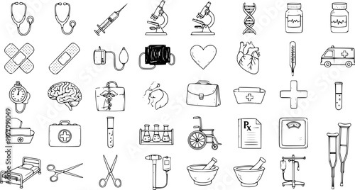 Black and White Line Art Medical Icons - Stethoscope, Syringe, Microscope, DNA, Pills, Bandages, Brain, Heart, Ambulance