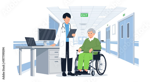 Doctor, patient, hospital corridor, medical consultation, healthcare scene, vector illustration, medical professional, senior patient, wheelchair, clinic hallway