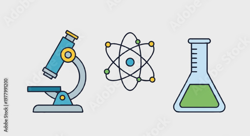 Science education icons including microscope, atom structure, and beaker with green liquid inside
