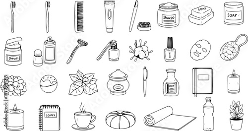 Personal Care, Wellness, and Beauty Icon Set. Hand Drawn Black and White Line Art Collection of Hygiene, Spa, and Self-Care Elements.