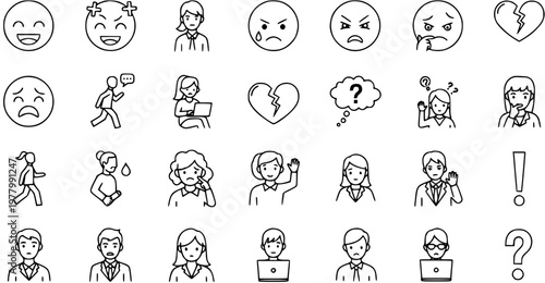 Black and White Line Art Icons: Diverse Human Emotions, Business People Avatars, and Communication Concepts Vector Set