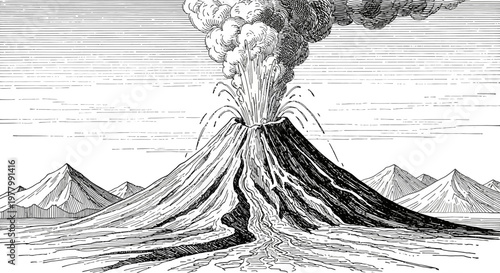 Vintage illustration of a powerful volcanic eruption with ash plume, smoke, and flowing lava, natural disaster